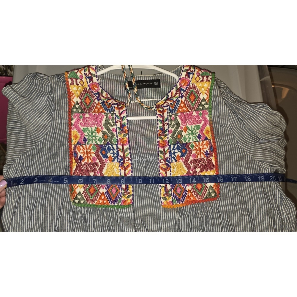 Zara Woman Jacket Blouse Embroidered Boho Pom Pom Blue White Striped Womens Sz S - Picture 8 of 10